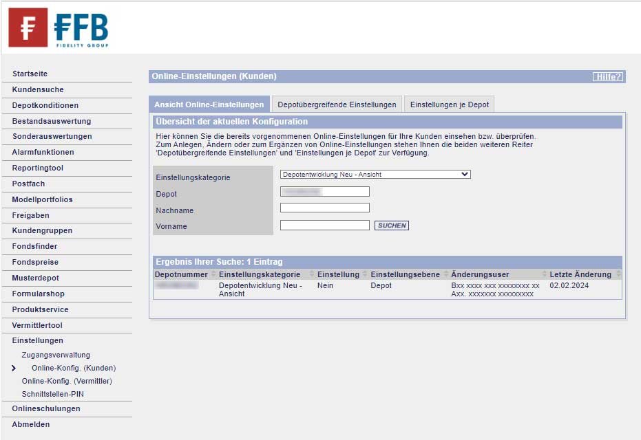 Die Online-Einstellungen im FFB Frontend